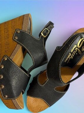 Vintage Sbilla Black Leather Platform Wedge Sandals with Cork Wedge